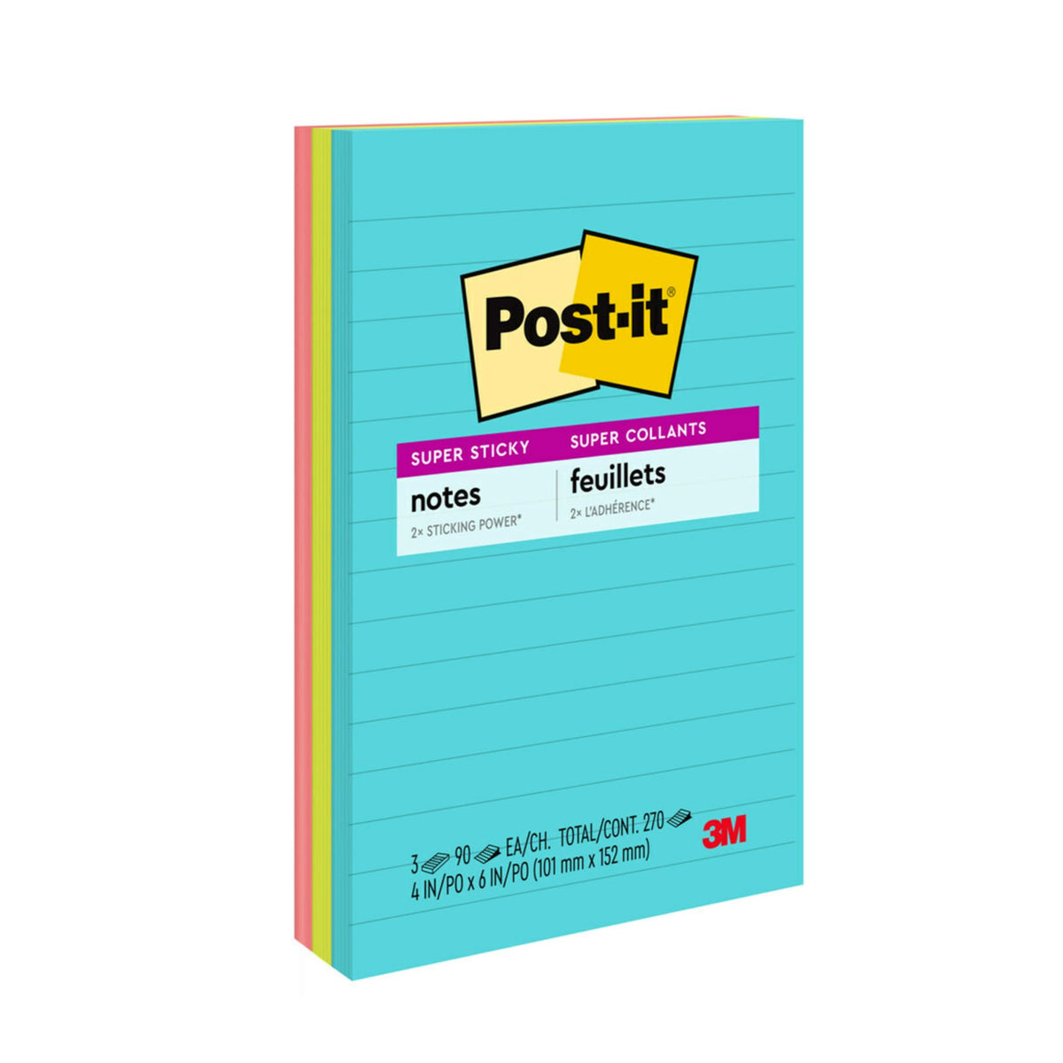 Post-it Super Sticky Lined Notes, 3 Sticky Note Pads, 4 x 6 in., School Supplies for Students, Ideal for Textbooks, Notebooks, Walls and Vertical Surfaces, Supernova Neons Collection