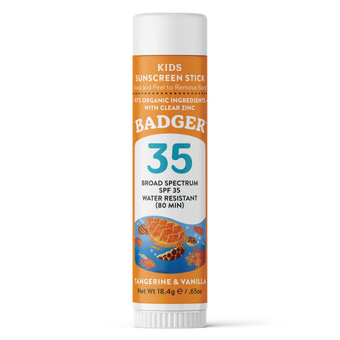 Badger Kids Sunscreen Stick SPF 35 with Mineral Zinc Oxide, Travel Size Sunscreen Stick for Kids, 97% Organic Ingredients, Reef Friendly, Broad Spectrum, Water Resistant, 65 oz