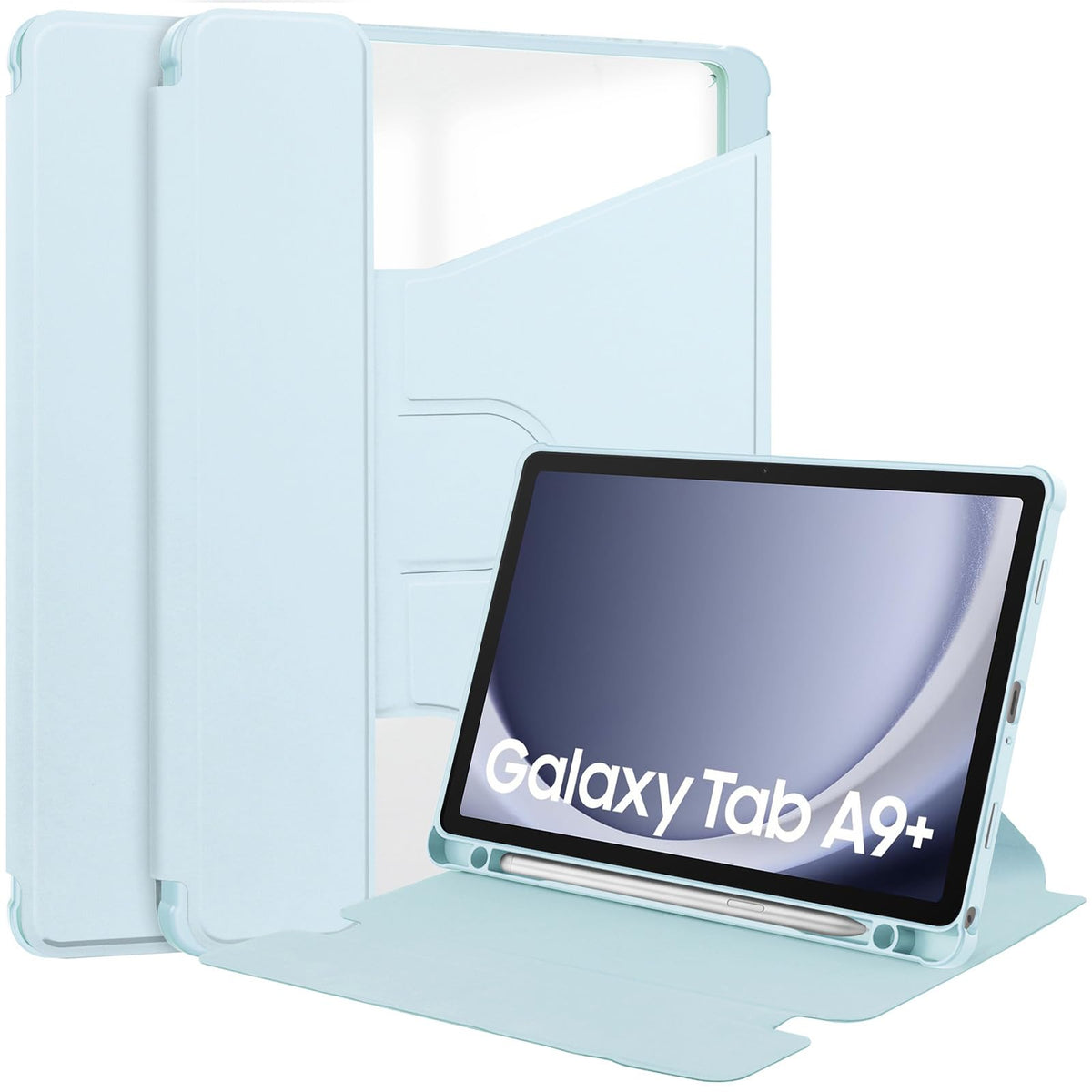 A-BEAUTY Case for Samsung Galaxy Tab A9 Plus 11 Inch 2023 Model Book Flip Transparent Cases 360 Degree Rotating Stand Cover with Pen Holder Auto Wake/Sleep, Light Blue