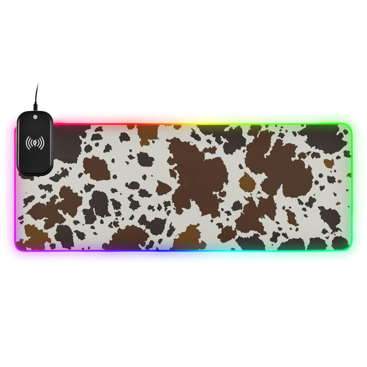 Cow Skin Print Wireless Charging Mouse Pad for Mobile Phone Extra Large Gaming Mousepad with 13 Lighting Modes Computer Mat for Gaming MacBook PC Laptop Desk Home Office