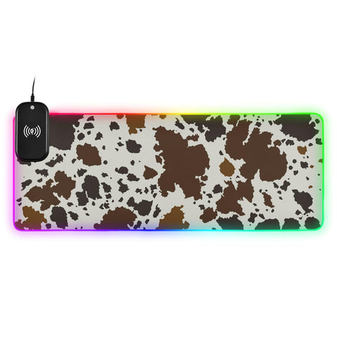 Cow Skin Print Wireless Charging Mouse Pad for Mobile Phone Extra Large Gaming Mousepad with 13 Lighting Modes Computer Mat for Gaming MacBook PC Laptop Desk Home Office
