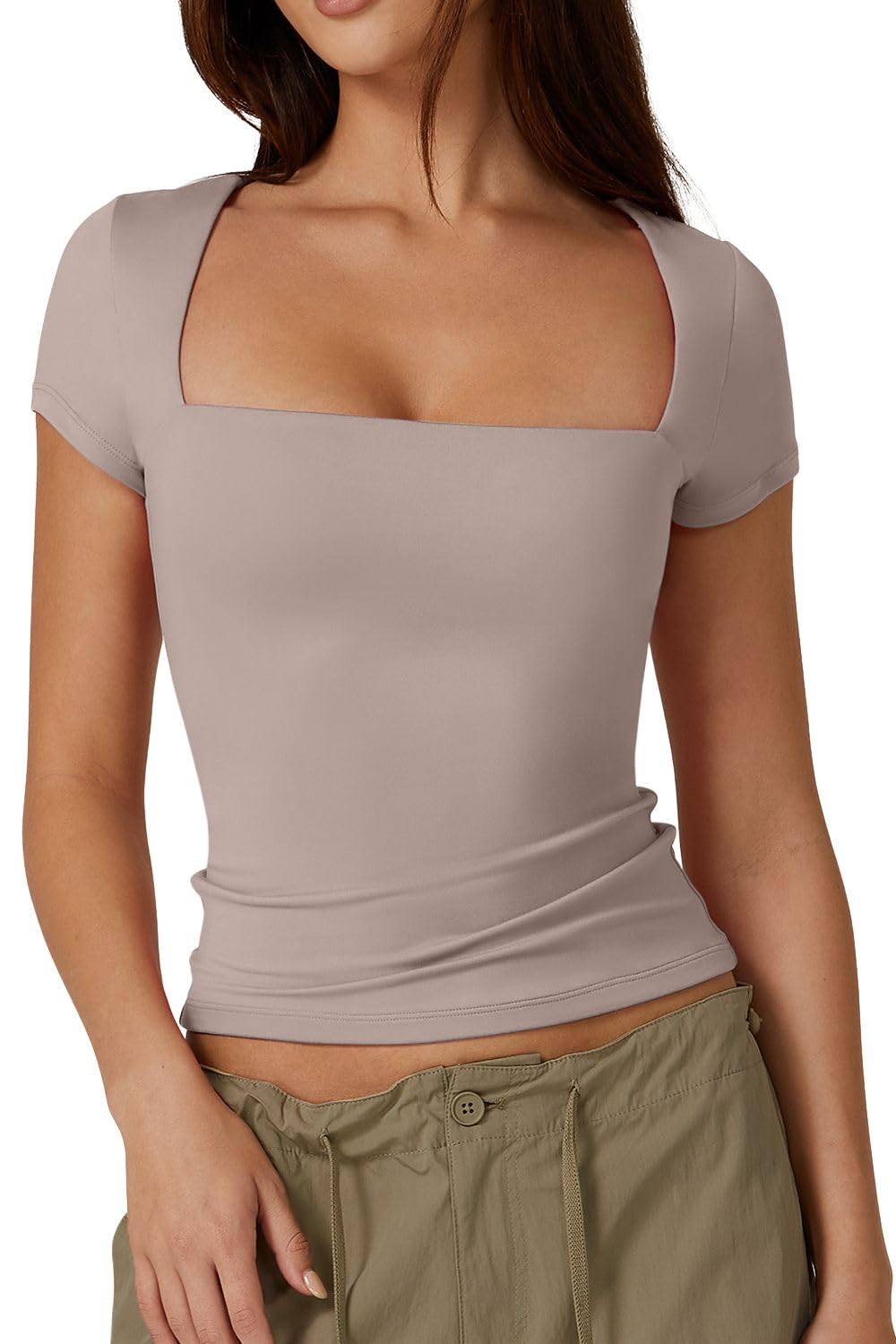 QINSEN Crop Tops for Women Square Neck Short Sleeve T Shirts Summer Y2K Going Out Top, Crystal Gray Small
