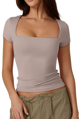 QINSEN Crop Tops for Women Square Neck Short Sleeve T Shirts Summer Y2K Going Out Top, Crystal Gray Small