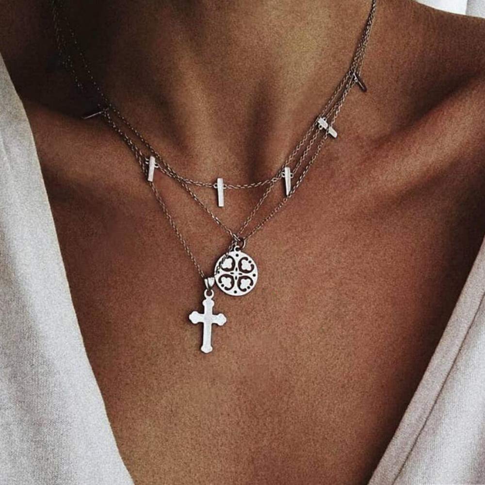 FXmimior Multilayer Necklace Vintage Silver Cross 4 Leaf Clover Pendant for Women Girls