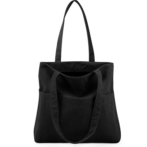 ChicVessel Tote Bag Corduroy Handbag for Women Large Capacity Tote Bag with Zipper Casual Handbag Shoulder Bags Shopping Bag for School Work College Travel Daily Use (Black)