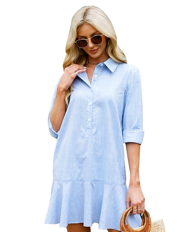 Women's Tunic Mini Shirt Dress Cotton Long Sleeve Ruffle Hem Dress Button Up Shift Chambray Dresses