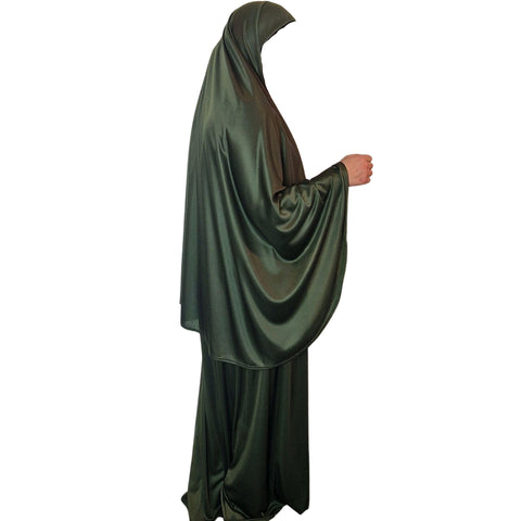 Prayer Set Two Piece (Headscarf + Skirt) One Size Pull on Khimar Stretchy Lycra Ideal Everyday/Home/Work/Travel/Hajj/Umrah/Mosque/Madrassa/Ramadan/Eid/Gift (Khaki)