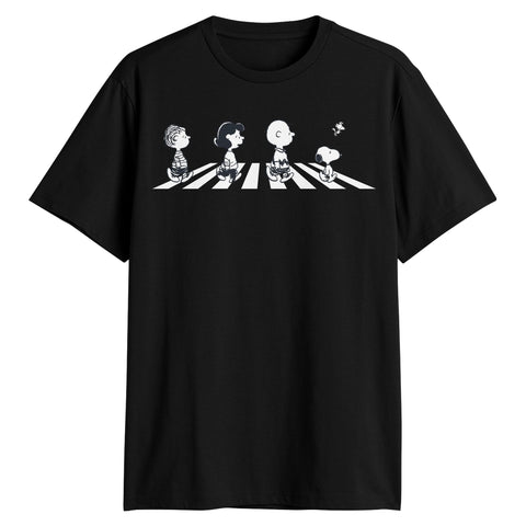 Peanuts Charlie Brown Snoopy Crossing Road T-Shirt, Black, XL