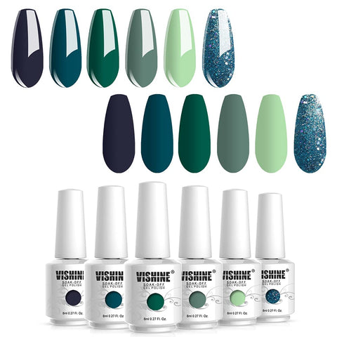 Vishine Carnival Evergreen Gel Nail Polish Set - 6 Colors Green Sparkle Blue Gel Polish Kit Avocado Dark Green Nail Gel Polish Soak Off UV LED Gel Nail Kit Vanish Manicure Gift Box 8ml