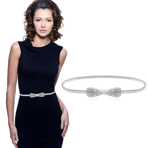 Jeffdad Skinny Metal Elastic Waist Belt For Women, Cute Bowknot Metal Buckle Skinny Stretch Waist Belt For Women Dress(Silver)