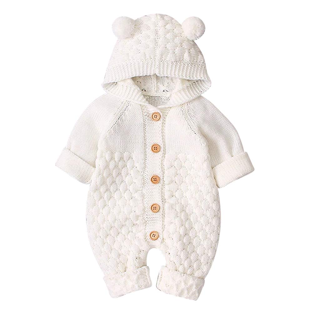 OBEEII Newborn Baby Girls Boys Romper Solid Ribbed Long Sleeve Jumpsuit One Piece Outfits Fall Winter Off White 12-18 Months