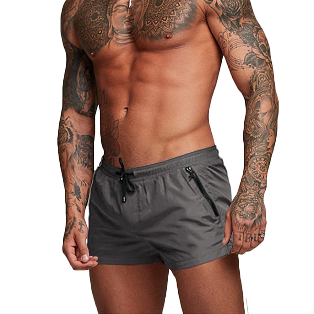 Rexcyril Men's Athletic Gym Workout Shorts 3 Inch Quick Dry Running Bodybuilding Short Shorts with Liner and Zipper Pockets, Grey, Medium