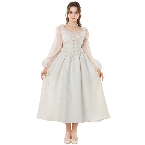 NSPSTT Renaissance Dress Women Medieval Beige Fairy Costume Victorian Ball Gown, S