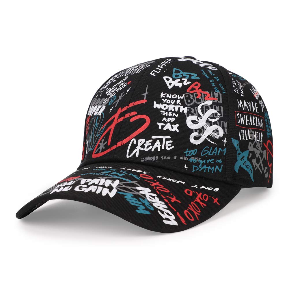 IBLUELOVER Men Women Baseball Cap Printed Snapback Cap Fashion Hip Hop Hat Lightweight Soft UV-Protection Sun Hat Breathable Sports Hat with Sweatband for Unisex Outdoor Black