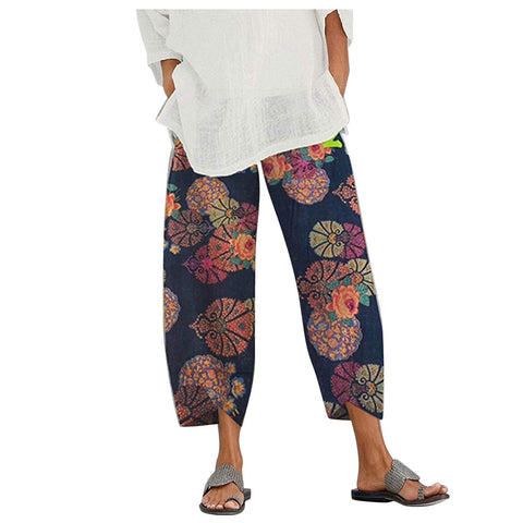 Costaric Cotton Linen Casual Summer Capri Pants Printed Cropped Comfy Baggy Trousers with Pockets Palazzo Lounge Pants, A5 Black, S