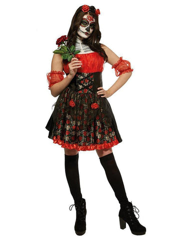 Rubies Official Day of the Dead Red Rose Ladies Costume, Adult Halloween Dress Up, Ladies Size Small UK 8-10