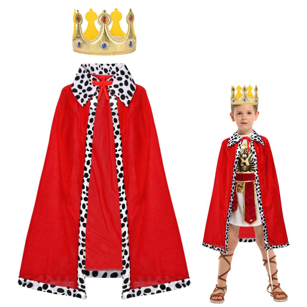 AOOWU Kids King Cape, Children's King Costume with Crown, Red Velvet Royal Robe for Boys Girls, Medieval Prince King Queen Cape Cloak Coat for Halloween Fancy Dress Cosplay Party Carnival, 80cm