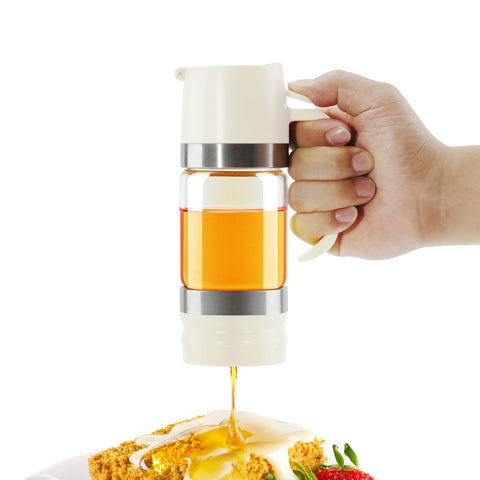 Aelga Glass Honey Dispenser Pot, No Drip 9 OZ Honey Jar with Handle, Syrup Dispenser for Coffee or Tea, Ideal for Honey and Syrup, White