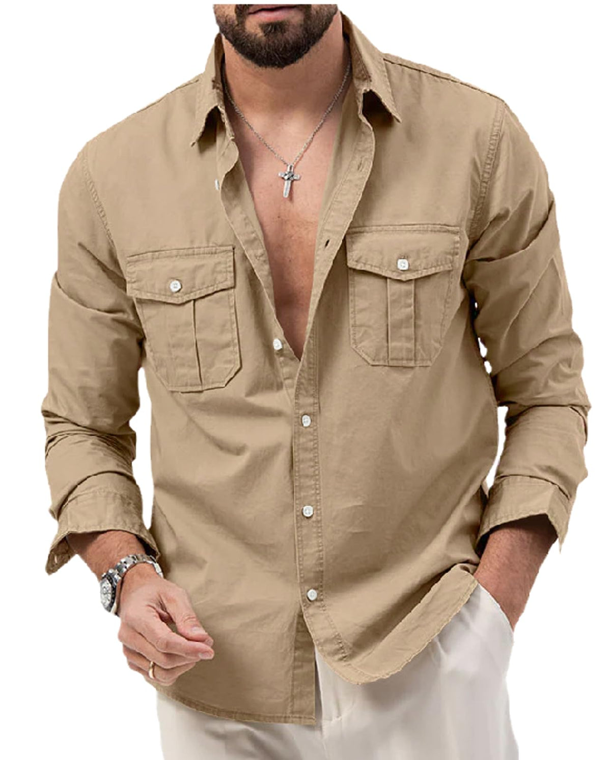 HanzhuoLG Men's Solid Color Cargo Shirt Fashion Retro Single Breasted Double Pocket Loose Casual Shirt Khaki XXL