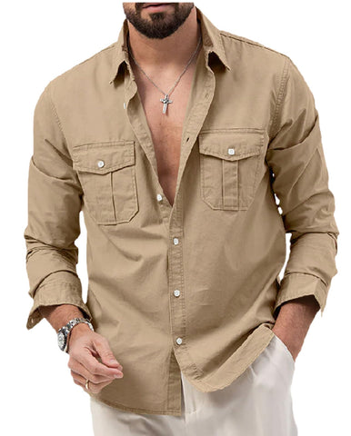 HanzhuoLG Men's Solid Color Cargo Shirt Fashion Retro Single Breasted Double Pocket Loose Casual Shirt Khaki XXL