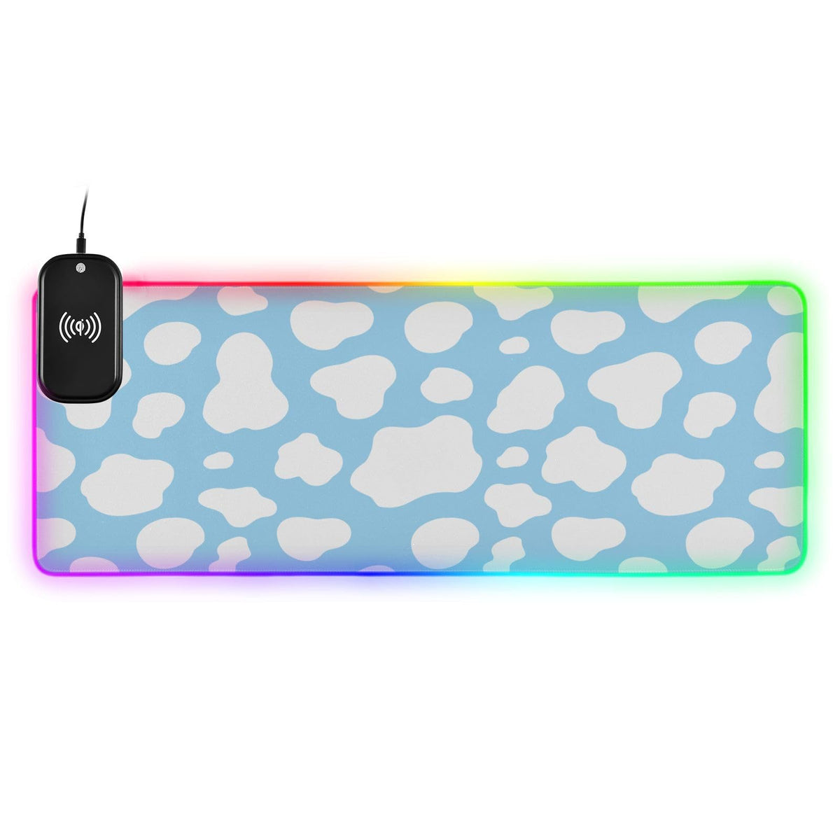 Cow White Blue Wireless Charging Mouse Pad for Mobile Phone Extra Large Gaming Mousepad with 13 Lighting Modes Keyboard Mat for Office Home Gaming MacBook PC Laptop Desk
