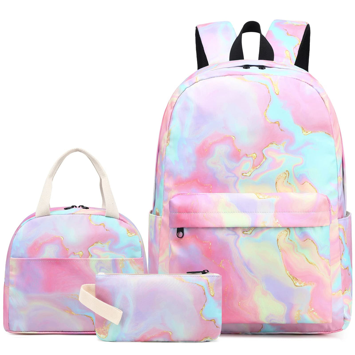 Fuyicat Marble School Backpack Set for Girls, 3-in-1 Kids Teens Elementary Middle School Bags Bookbag with Lunch Bag Pencil Case (Pink)