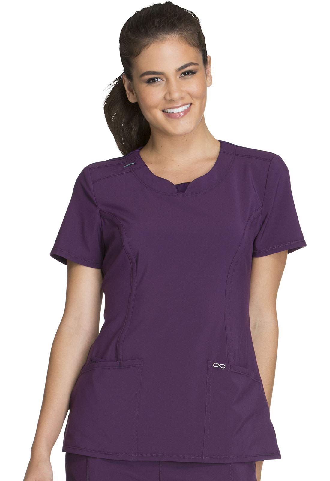Infinity Cherokee Round Neck Nurse Scrub Tops for Women with 3 Pockets 360 Stretch & Wrinkle-Resistant 2624A, XS, Eggplant