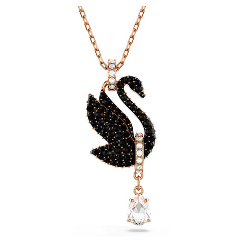 SWAROVSKI Swan Pendant Necklace, Swan Pendant with Black PavÃ© Crystals and Hanging Link with Clear Pear-Cut Stone in a Rose Gold-Tone Finished Setting, Part of the Swan Collection