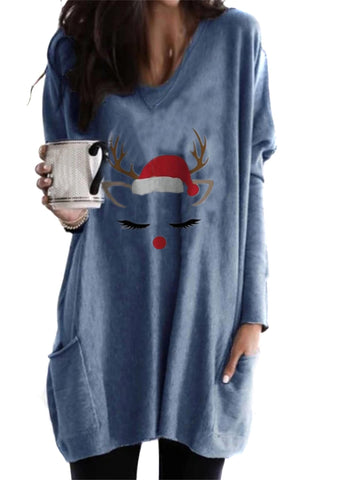 EFOFEI Women's Christmas Cartoon Print Top Casual Christmas Dress Vintage Costume Long Sleeve Pocket T-Shirt, Elk Blue, XXXL