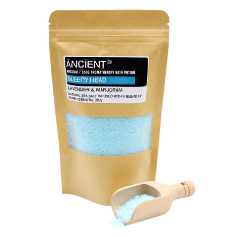Sleepy Head Natural Sea Salt & Pure Essential Oils. Soothing Aromatherapy Bath Salt, Deep Soak, Muscle Relief Potion: 350g Resealable Pouch - Lavender & Marjoram