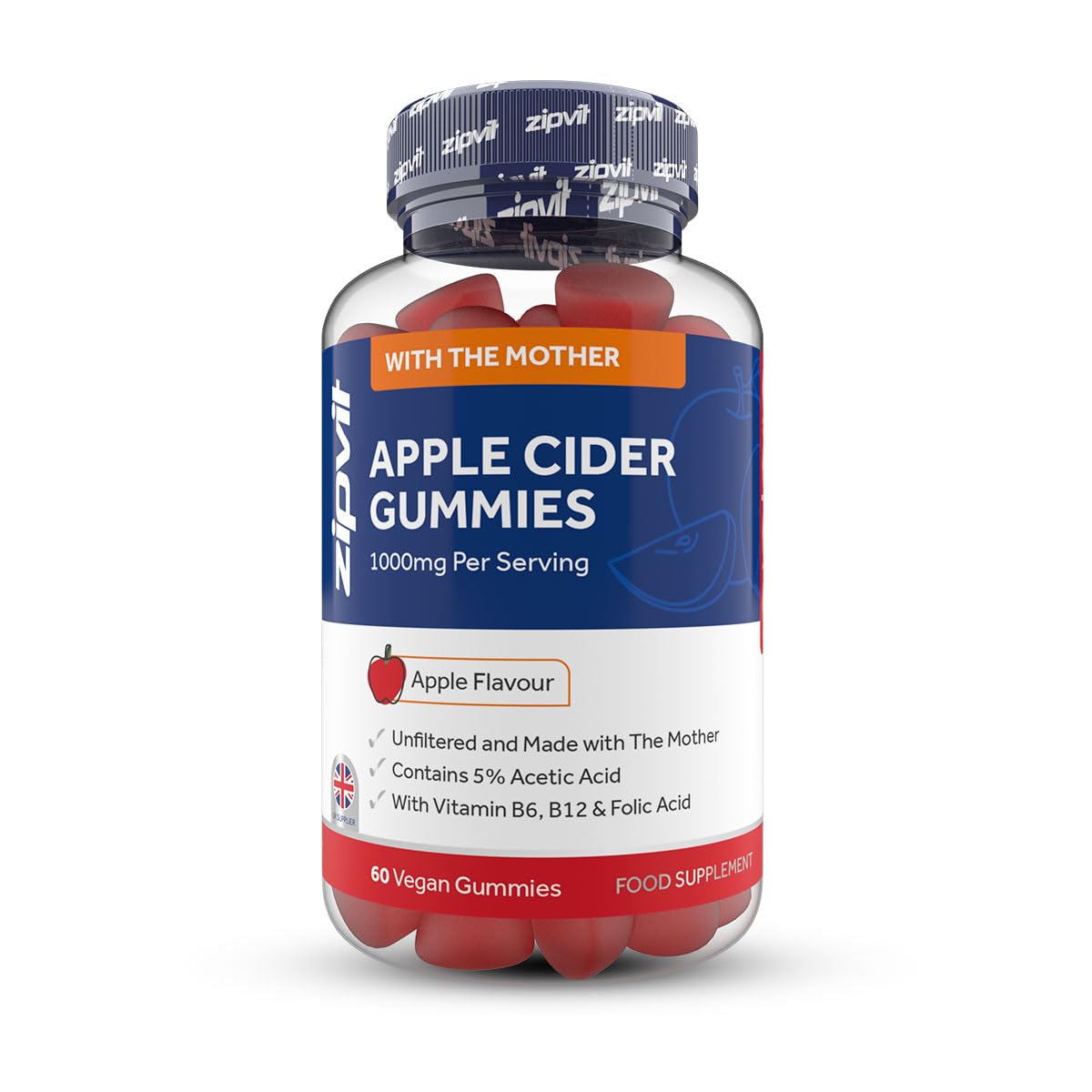 Zipvit Apple Cider Vinegar Gummies 1000mg with The Mother, Vitamin B6, B12, Folic Acid, Pomegranate & Beetroot, 60 Vegan Gummies. High Strength ACV for Digestive Health, Energy, Immunity & Metabolism