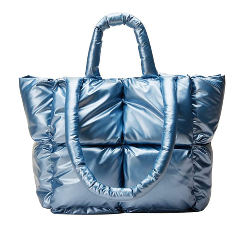 Women Large Quilted Puffer Tote Bag Soft Padded Down Winter Handbag Space Totes Puffer Shoulder Bag Pillow Shopper Bag, Blue-m, L