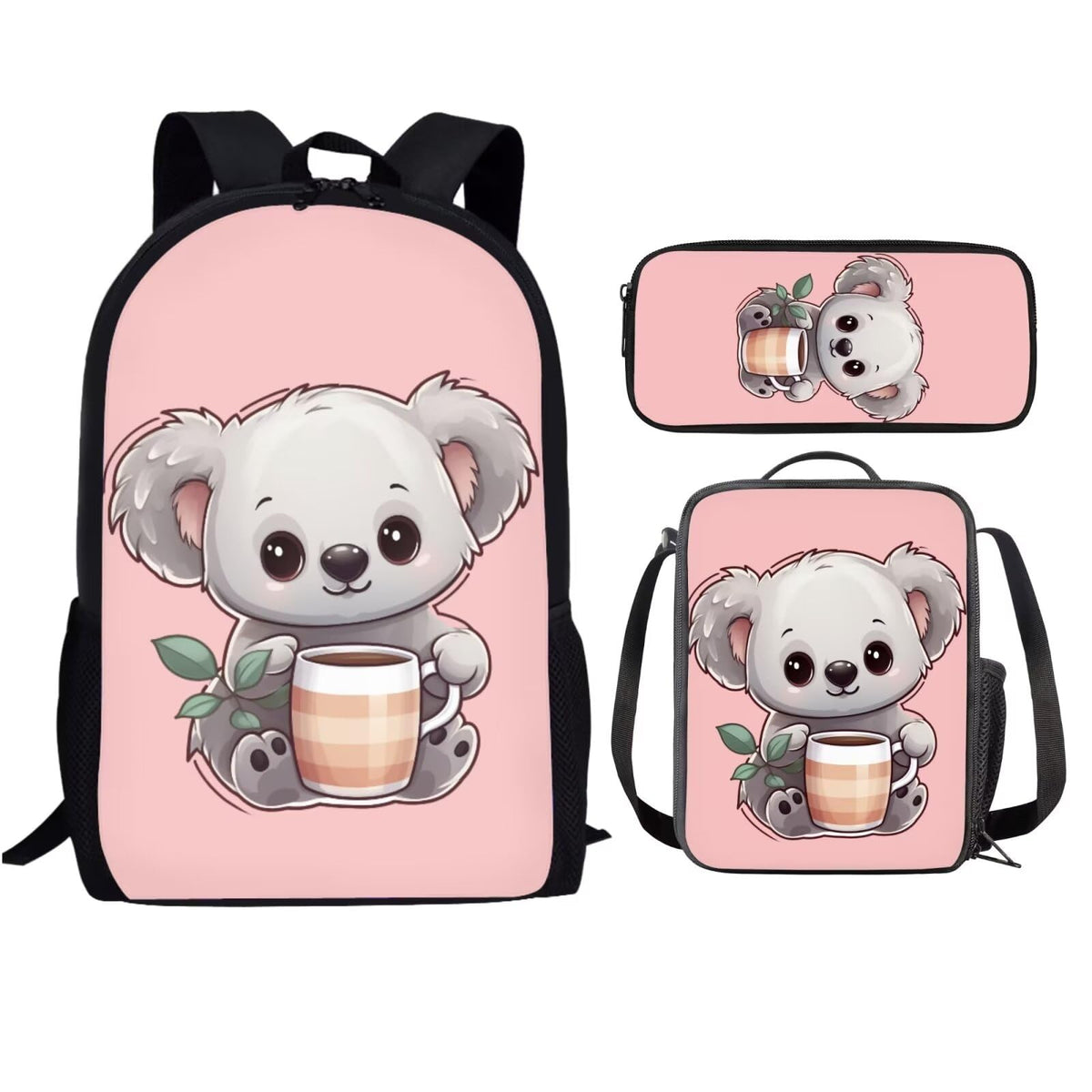 BYCHECAR Koala Backpack for School Girls Bookbag with Lunch Box Pencil Case 3 in 1 Set,Kids School Bags Cute Pink Back Pack 17 inch