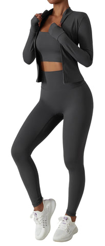 Womens Two Piece Tracksuit Set Long Sleeve Zipper Jacket with Athletic High Waist Leggings Workout Set Medium Deep Grey