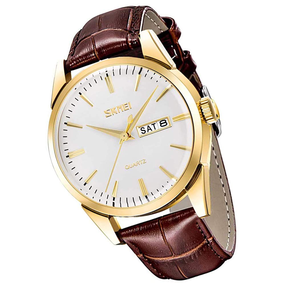 SKMEI Watch for Men Business Dress Classic Fashion Casual Brown Leather Quartz Analog Waterproof Day Date Light Simple Wrist Watches Dad Fathers Gifts