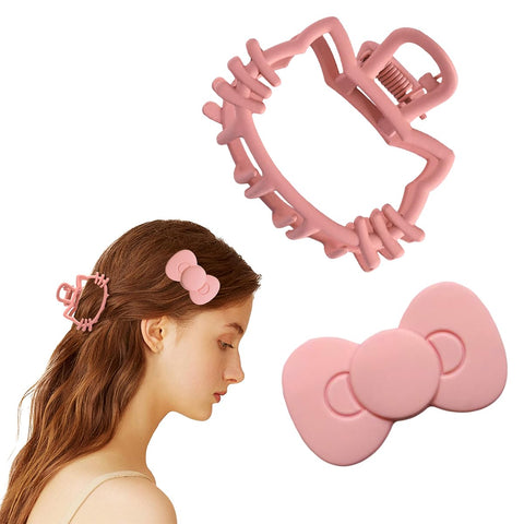 WINDKNIGHT 2pcs Kitty Hair Clips, Pink Kitty Hair Accessories, Kawaii Cute Bow and Cat Metal Claw Clips for Girls