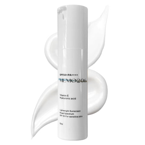 MEMO206 Sunscreen SPF50+PA++++ 50ml | Non-Sticky Lightweight Sunscreen Made for Sensitive Skin | No White Cast or Scent | With Vitamin E & Hyaluronic Acid