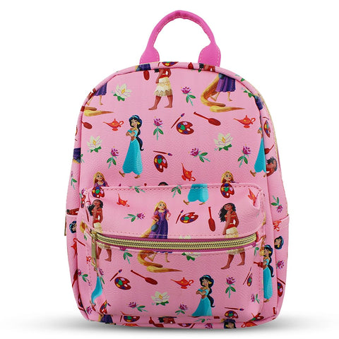 Disney Princess with Flowers Mini PU Leather Backpack Purse with Adjustable Straps 10 In (Pink, One Size)