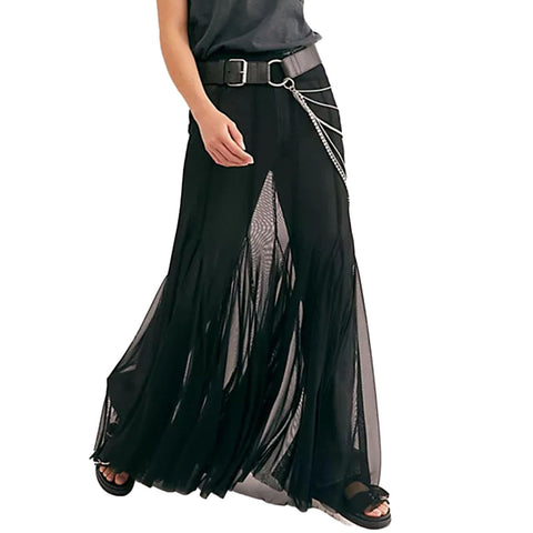 Women's Sheer Mesh Long Maxi Skirts High Waisted Summer Swimsuit Cover Up See-Through Beach Flowy Long Tulle Skirt (Black, M)