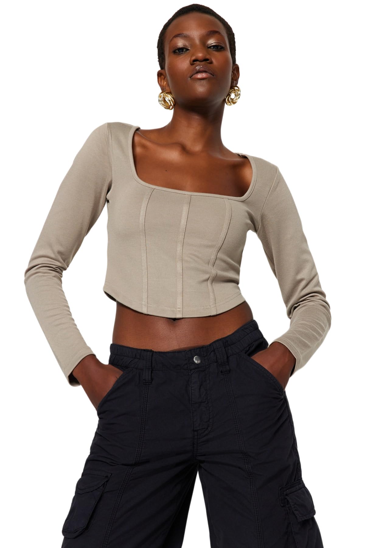 TRENDYOL Women's Straight Long Sleeve Slim Blouse, Stone, S