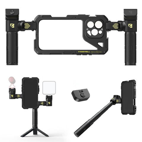 Freewell Genius Rig Cage for iPhone 16 Pro Max - Tool-Free Setup, Multifunctional Tripod and Monopod Handles, Bluetooth Remote
