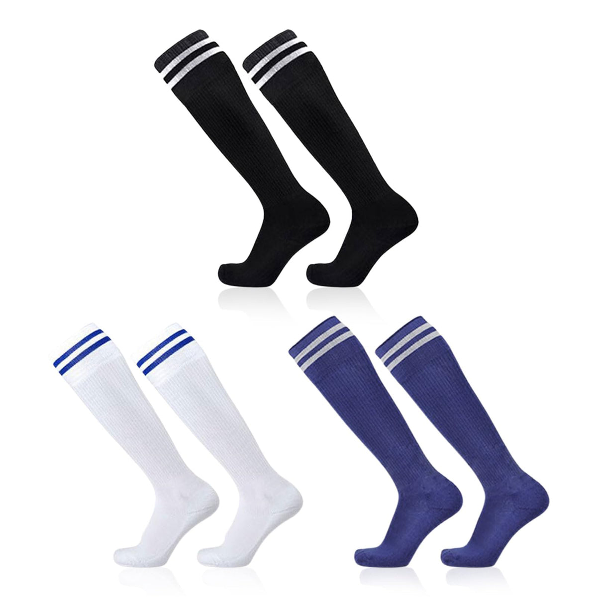 SKHAOVS 3 Pairs Kids Long Football Socks Boys Girls Soccer Socks Sports Socks Trainer Socks Breathable Running Socks Hockey Rugby Socks, Childrens Football Socks for Aged 5-12 (Black,White,Dark Blue)
