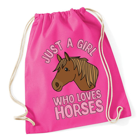 Hippowarehouse Just a girl who loves horses Drawstring Cotton School Gym Bag 37cm x 46cm, 12 litres