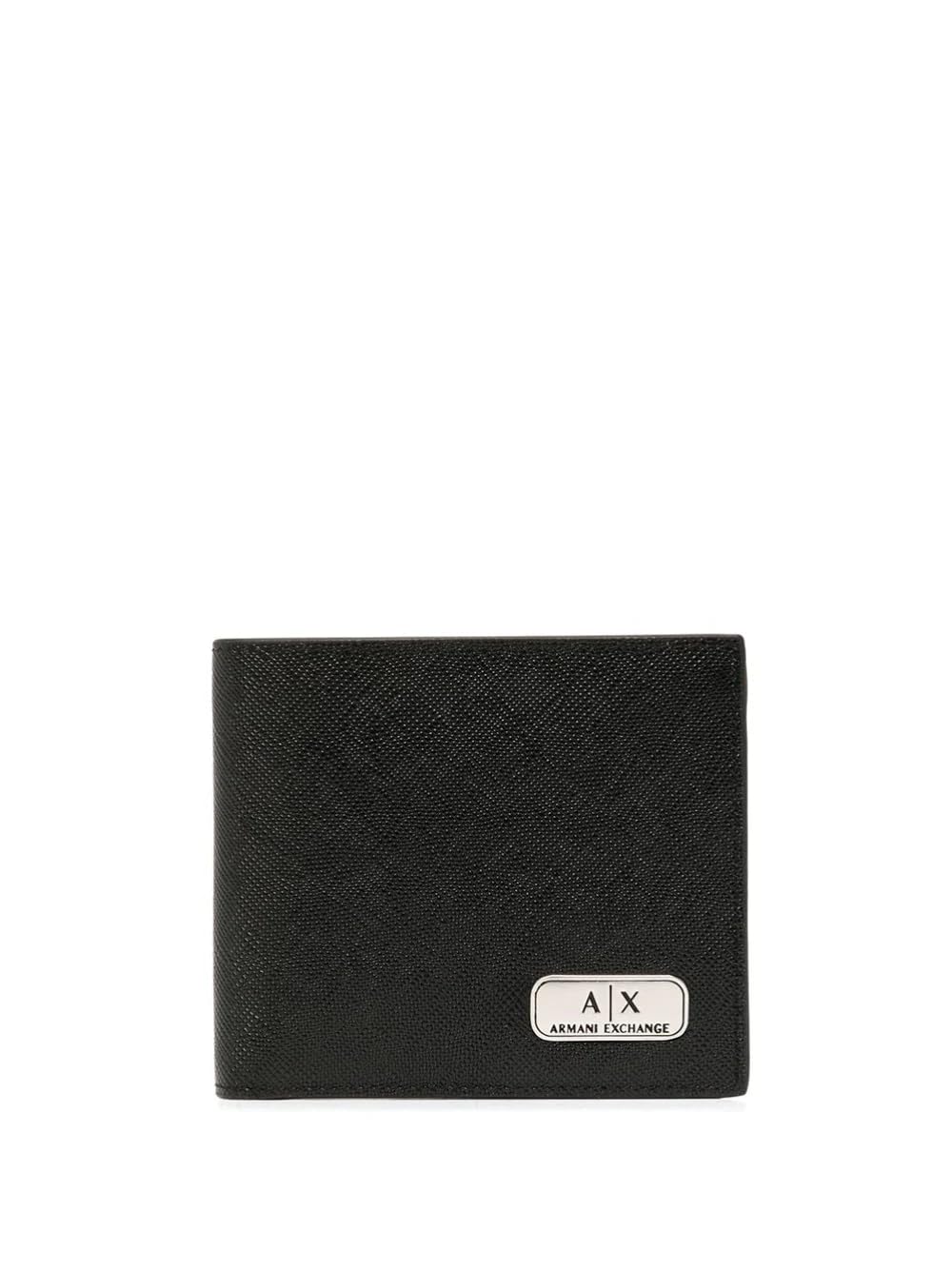 A|X ARMANI EXCHANGE mens Armani Exchange Plate Logo Saffiano Leather W/ Coin Pocket Bifold Wallet, Black, Small US