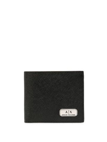 A|X ARMANI EXCHANGE mens Armani Exchange Plate Logo Saffiano Leather W/ Coin Pocket Bifold Wallet, Black, Small US