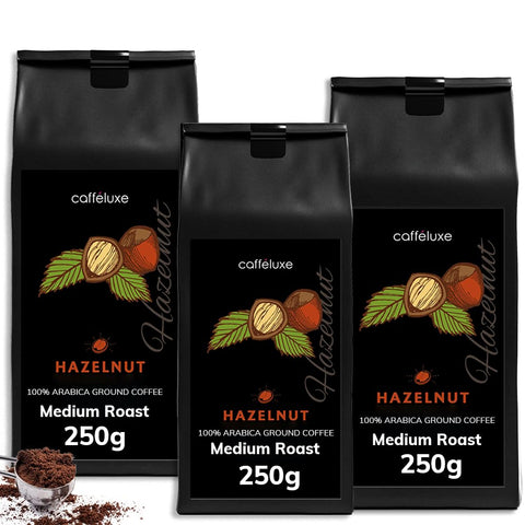 Caffeluxe Medium Roast Flavoured Ground Coffee Mixed Medley - Natural Hazelnut (3 x 250g Per Bag) - Arabica Coffee Beans