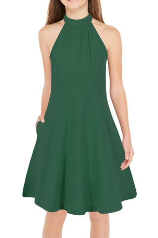 GORLYA Girl's Halter Neck Cold Shoulder Sleeveless Summer Casual Sundress A-line Dress with Pockets for 4-12 Years(GOR1013,12Y,Green)