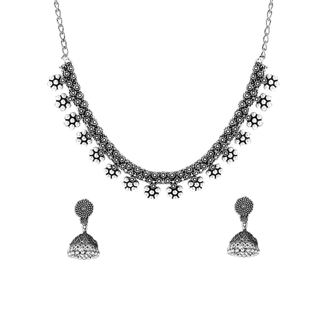 Yellow Chimes Antique Silver Oxidized Ethnic Indian Traditional Leaf Charm Pink Thread Neck Dori Necklace Earrings Jewelry Set