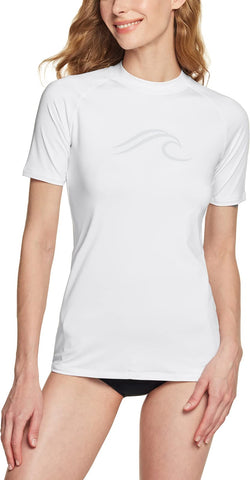 ATHLIO Women's UPF 50+ Rash Guard, Short Sleeve Surfing Swimsuit Top, UV/SPF Active Water Beach Swim Shirts, Wave White, X-Large