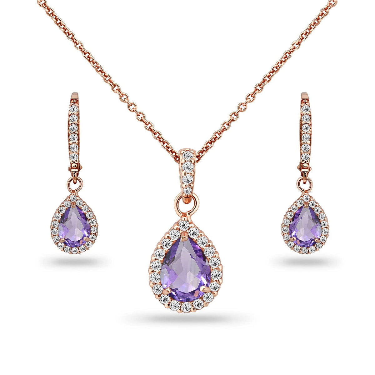B. BRILLIANT Sterling Silver Genuine, Simulated Gemstone Halo Dainty Pear Teardrop Necklace & Earrings Jewelry Set for Women with Gift Box, Metal, Amethyst